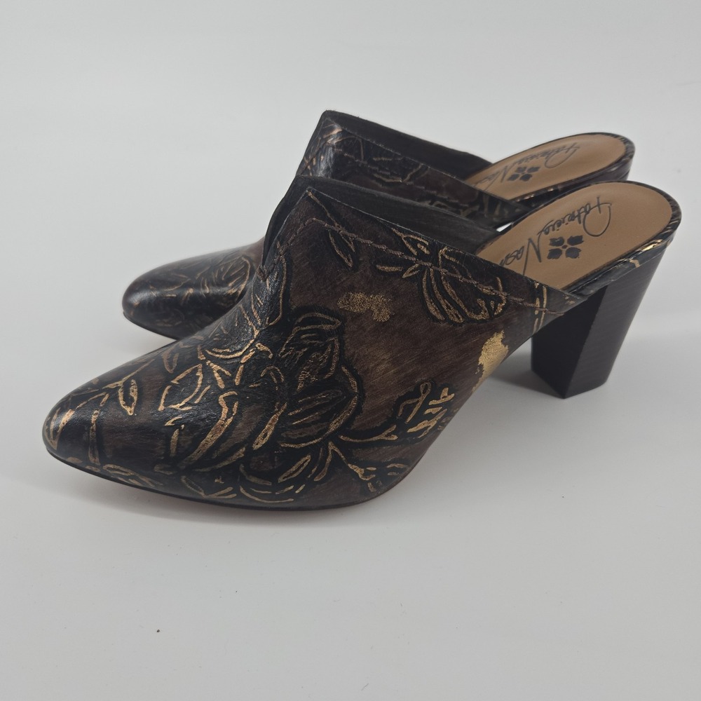 Patricia Nash Ruffina Floral Leather Mules Heels Brown Black Slip On Size 8